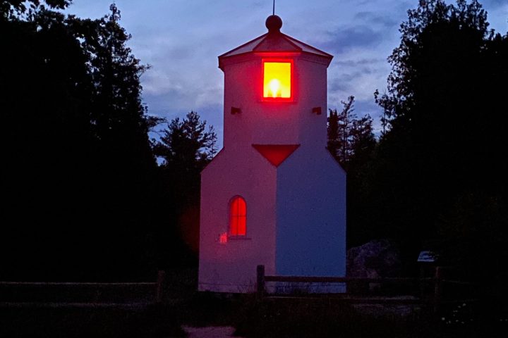 baileys harbor range lights lit up at night