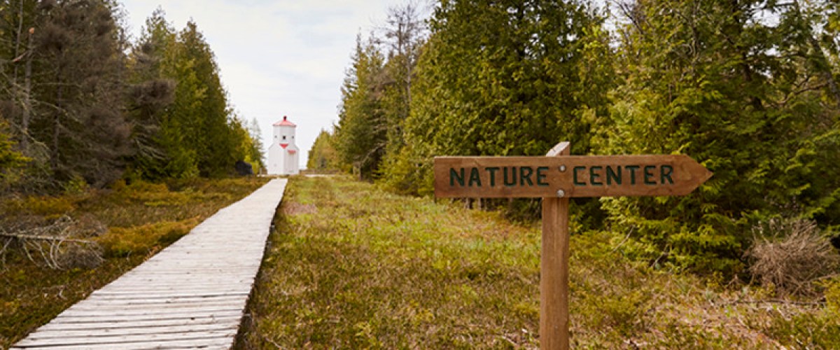 a boardwalk and lush green forest with baileys harbor range light in the background