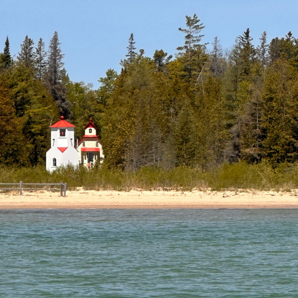 the range lights of baileys harbor from the water