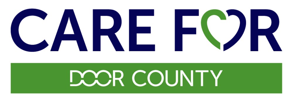 Logo with 'Care for Door County' and heart shape in green and blue text.
