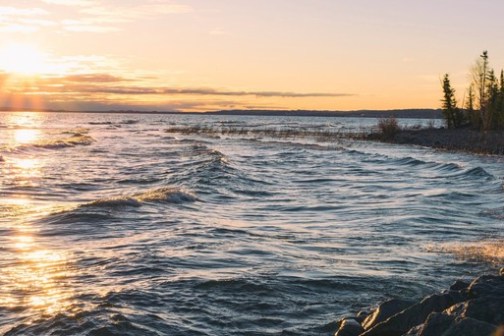 Sunset over a rocky shoreline with gentle waves and trees on the right.