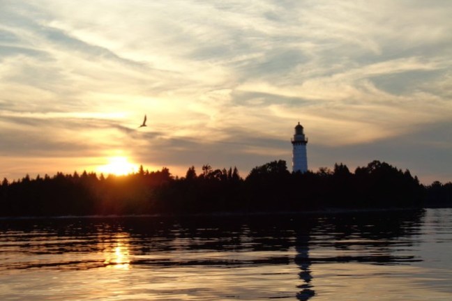 Sunset over a lake with a lighthouse silhouette and a bird in the sky.